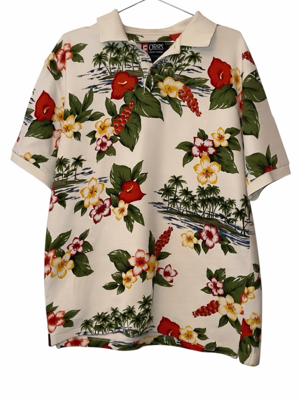 VTG Chaps Ralph Lauren Tropical Hawaiian Floral Polo Cream ribbed sz med 90s